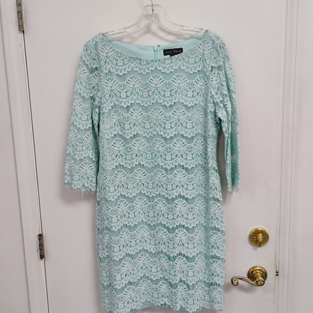 Jessica Howard Light Blue Lace Sheath Dress Size 14